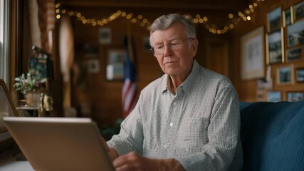 Elderly veteran participating in a telemedicine session from cozy home office, tablet propped up beside framed family photos and American flag — concept of digital healthcare inclusion, aging with - Powered by Adobe