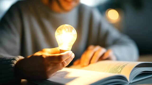 Hands holding brand guidelines book with lightbulb consistency concept hologram creative identity system digital branding standards marketing materials defocused face