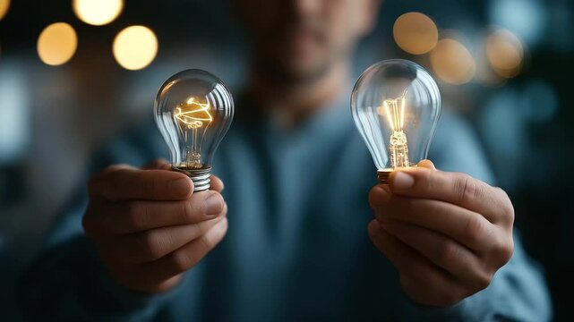 Hands conducting AB test comparison with lightbulb winning variation insight creative testing strategy digital marketing optimization test results visible face defocused with