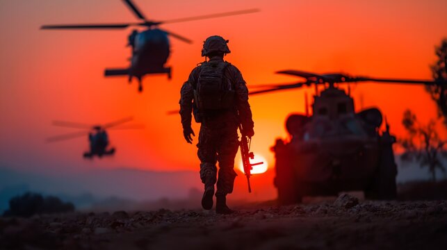 Soldier walking towards sunset with helicopters and military vehicles AI Generated