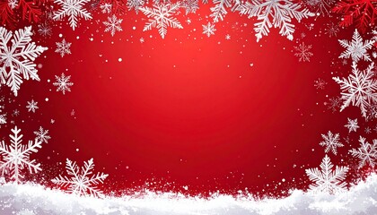 Marco decorativo rojo de copos de nieve blancos alrededor de todo el borde, con diferentes tamaños y diseños, creando un efecto helado y festivo. Pequeñas partículas de nieve dispersas por el fondo.