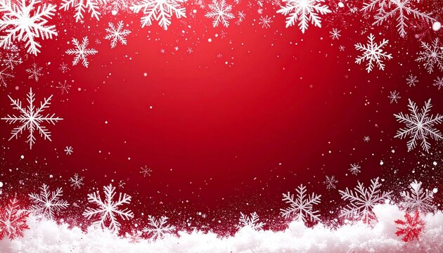 Marco decorativo rojo de copos de nieve blancos alrededor de todo el borde, con diferentes tamaños y diseños, creando un efecto helado y festivo. Pequeñas partículas de nieve dispersas por el fondo. - Powered by Adobe