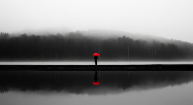 Contemplative figure with vibrant red umbrella stands by serene misty lake, creating striking contrast and inspiring peaceful reflection - Powered by Adobe