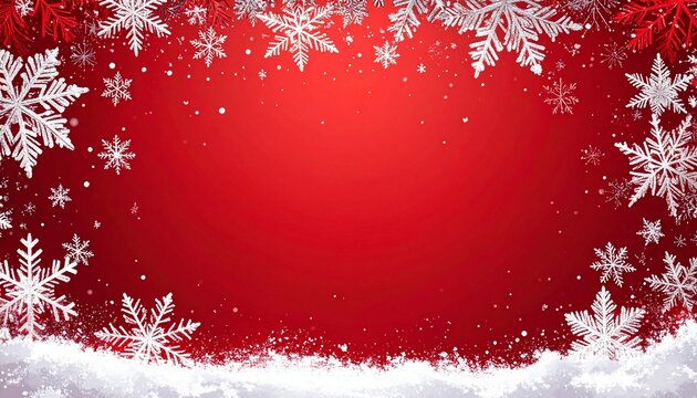 Marco decorativo rojo de copos de nieve blancos alrededor de todo el borde, con diferentes tama&ntilde;os y dise&ntilde;os, creando un efecto helado y festivo. Peque&ntilde;as part&iacute;culas de nieve dispersas por el fondo.