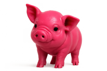 Pink plastic pig toy figurine standing, cute little piglet animal on transparent background for saving money investing
