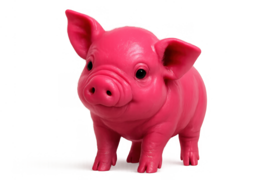 Pink plastic pig toy figurine standing, cute little piglet animal on transparent background for saving money investing