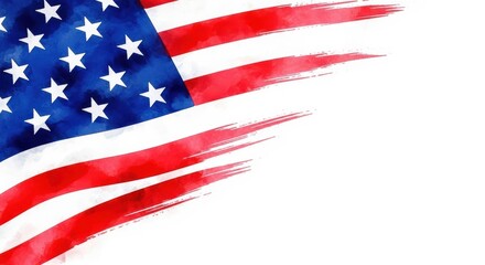 Artistic watercolor painting of the american flag with bold red and blue colors and dynamic brush strokes, creating a sense of movement and patriotism