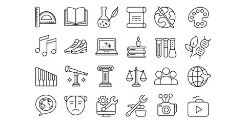 Education icons showcase a diverse range of subjects from science and math to arts and humanities offering visually engaging linear symbols for learning and growth