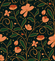 Hand-drawn floral design with soft peach blossoms on a dark background.