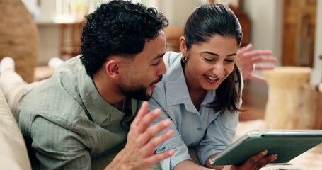 Tablet, excited and couple in home with conversation for planning romantic holiday together. Relax, digital technology and man with woman for booking flights for vacation in living room at house. - Powered by Adobe