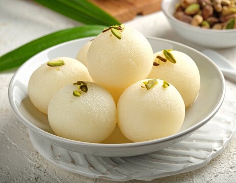 Indian Rasgulla or Rosogulla dessert/sweet served in a bowl. selective focus