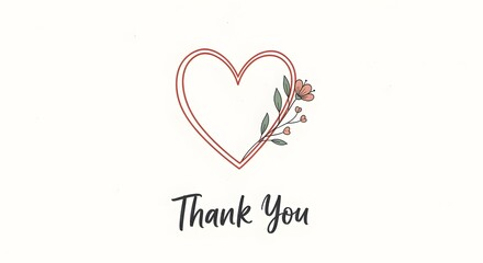 Simple thank you card design with red heart outline and delicate floral illustration