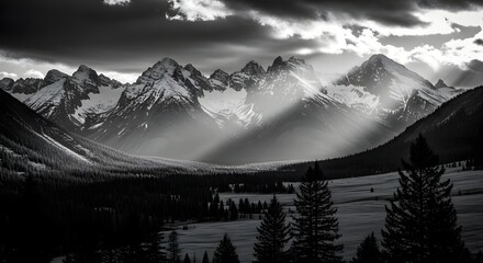 Dramatic black and white landscape featuring majestic snow-capped mountains bathed in ethereal crepuscular rays under a stormy sky, highlighting the raw beauty of the wilderness