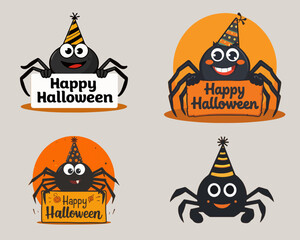 Vector  template featuring a spider with a cheerful expression, set against a bright orange and black background, incorporating cartoon elements 