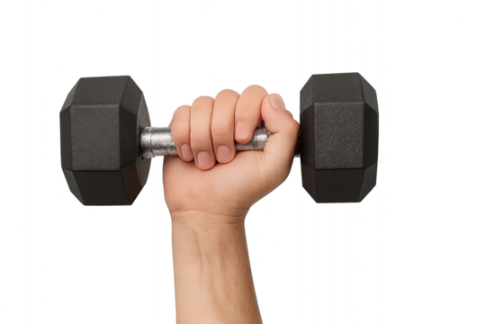 Hand holding a heavy black dumbbell, representing fitness and strength training. Isolated on transparent background, png
