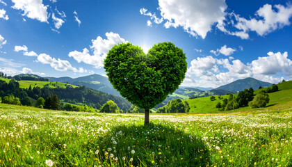 Heart shaped tree field flowers green grass rolling hills blue sky clouds scenic landscape generative AI