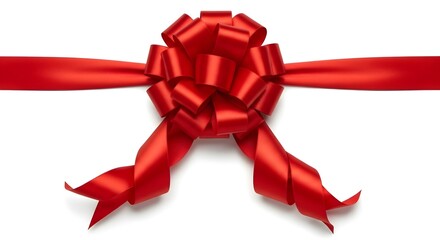 A vibrant red satin ribbon tied in a decorative bow on a clean white surface in a centered view