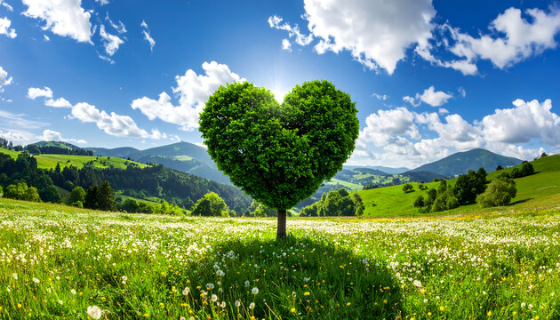 Heart shaped tree field flowers green grass rolling hills blue sky clouds scenic landscape generative AI