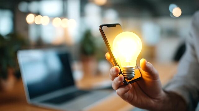 Hand holding smartphone with app interface and lightbulb feature innovation creative mobile UX digital app marketing user experience design laptop defocused background face