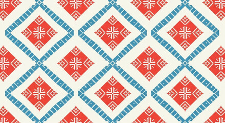 Repeating pattern of red diamond shapes with cross designs framed by blue diamond outlines on white
