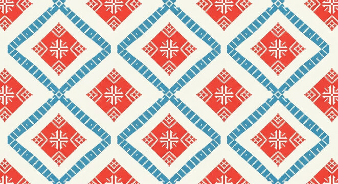 Repeating pattern of red diamond shapes with cross designs framed by blue diamond outlines on white