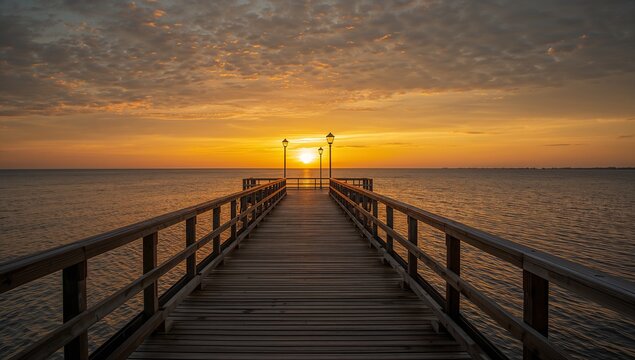 Pier wooden ocean sunset calm reflection warm serene peaceful sky water horizon tranquil travel coastal landscape generative AI