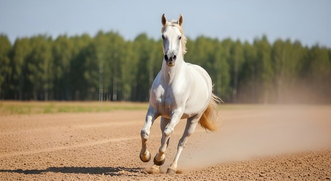 A white horse galloping across a dirt field with trees in the background on a sunny day outdoors - Powered by Adobe