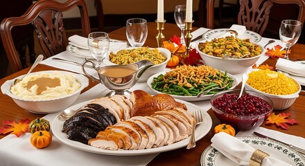 Thanksgiving holiday feast dinner table with turkey and sides served