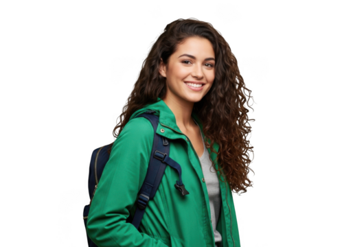 Smiling young woman with long wavy brown hair wearing a green jacket and backpack isolated on transparent background