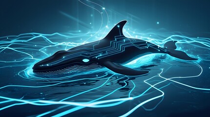 Futuristic Glowing Blockchain Circuits Forming a Whale Silhouette