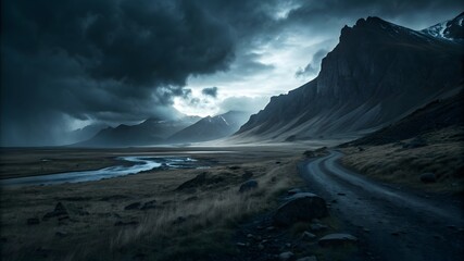 Dramatic moody landscape showcasing a winding road through Icelandic mountains under a stormy sky, perfect for adventure travel campaigns & branding