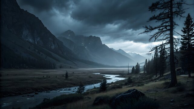 Explore the majestic mountains and serene river under a dramatic sky perfect for adventurous travel brochures and atmospheric nature photography projects