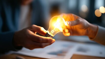 Business hands reviewing collaboration proposal with lightbulb win win concept creative partnership planning digital joint venture marketing synergy documents defocused faces - Powered by Adobe