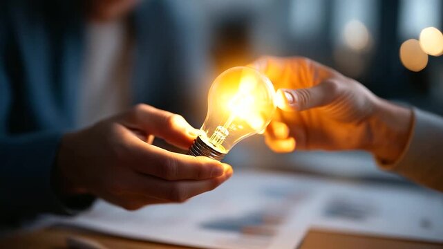 Business hands reviewing collaboration proposal with lightbulb win win concept creative partnership planning digital joint venture marketing synergy documents defocused faces