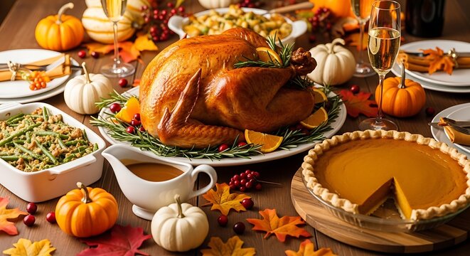Thanksgiving feast with roasted turkey, pumpkin pie, and green bean casserole - Powered by Adobe