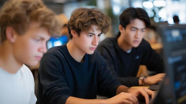 Group of refugee teenagers collaborating on coding projects in a community tech classroom, representing STEM education, digital empowerment, and social inclusion through innovation. cinematic color - Powered by Adobe