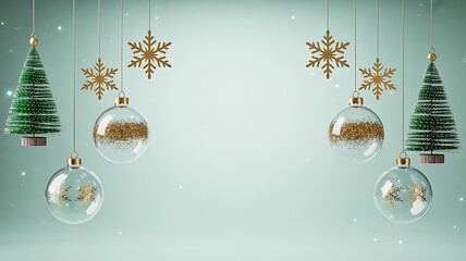 Hanging christmas ornaments with glass baubles and tree decorations on soft winter background