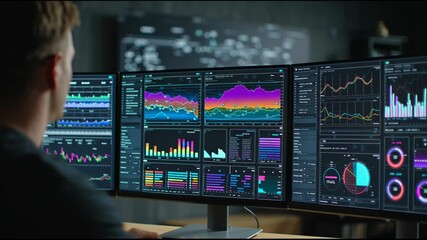 Intense data analysis by ambitious trader using multiple monitors for real time stock market analysis and financial forecasting - Powered by Adobe