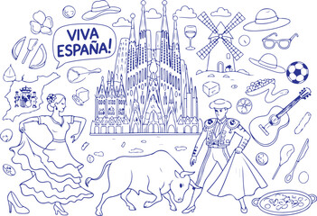 Vector art of spain travel icons with sagrada familia and bullfighter