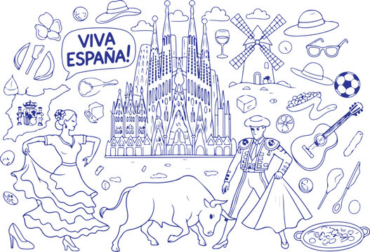 Vector art of spain travel icons with sagrada familia and bullfighter
