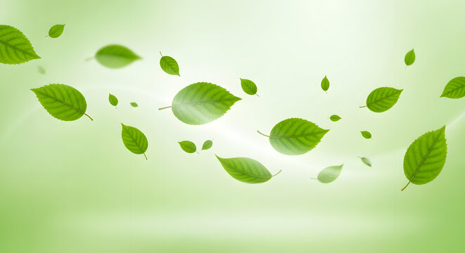 Falling green leaves. Fresh tea chaotic leaves fly normal green background.  - Powered by Adobe