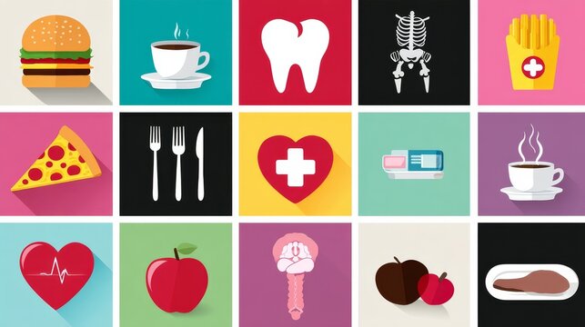 Colorful icons representing various aspects of healthcare, nutrition, and healthy living