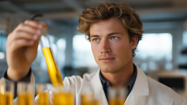 Lab technician inspecting bioreactor tubes glowing with nutrient flow, emotion of pride visible, representing cellular meat production, clean technology, and sustainable biotechnology processes.