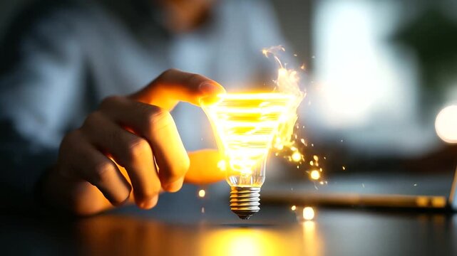 Hand pointing at conversion funnel with lightbulb bottleneck solution creative CRO strategy digital optimization analytics visible face not shown workspace defocused with cop