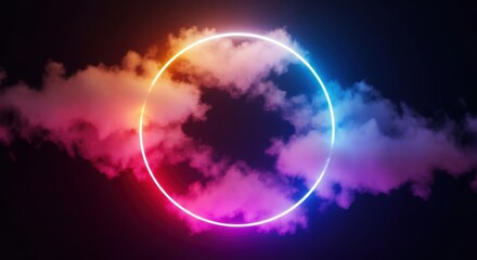 A vibrant neon ring glows in the dark, surrounded by colorful clouds, creating a futuristic and abstract atmosphere with a sense of mystery and wonder