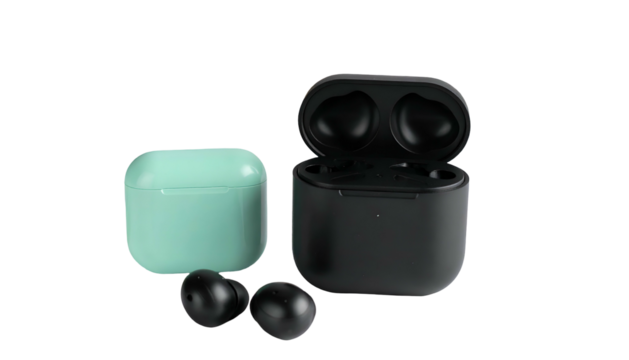 Earbuds, closed case, open case with buds, sleek, modern design against a black backdrop