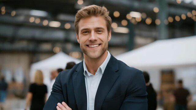 Marketing director standing in bustling event space as real-time campaign metrics confirm success, a mix of relief and pride visible — concept of emotional achievement in marketing, corporate