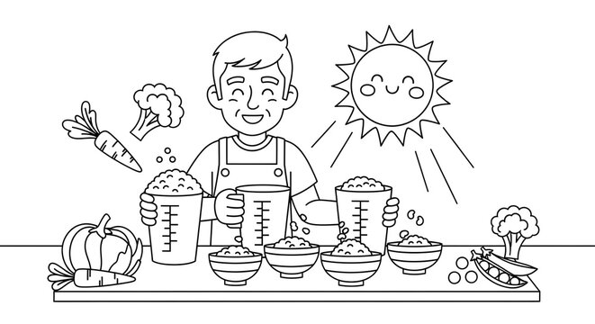 Illustration of a smiling farmer proudly displaying various grains and vegetables under the bright sun - Powered by Adobe