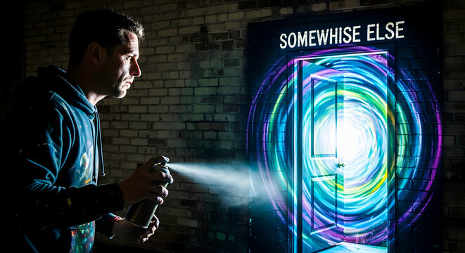 Artist with spray painting an artwork of a portal in a dark room with the words somewhere else