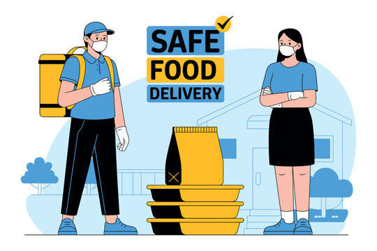 A delivery person wearing a mask hands off a food order to a customer, emphasizing safe food delivery.